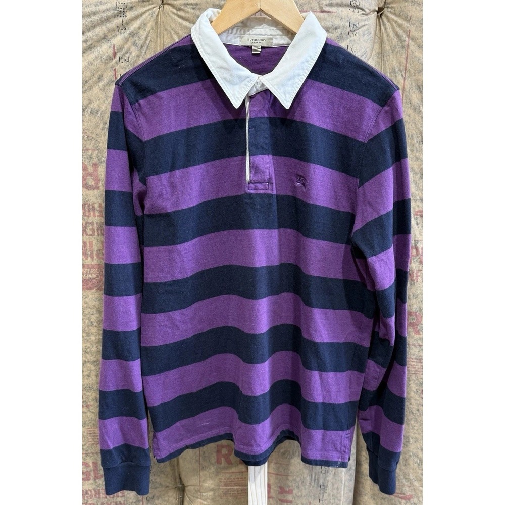 Burberry London‎ Mens Long Sleeve Rugby Shirt Large Purple Blue Striped Nova